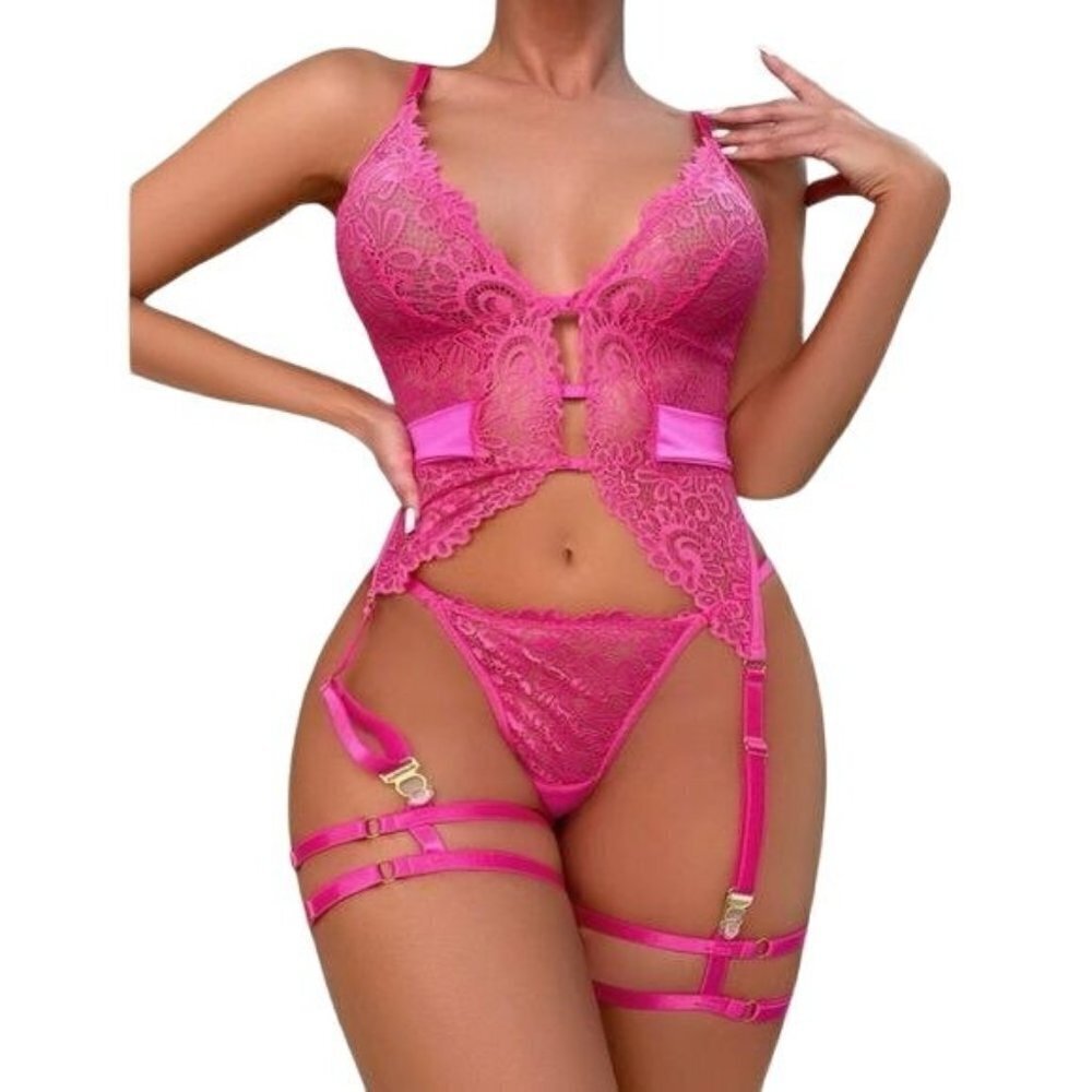 Pink Floral  Garter Lingerie Set